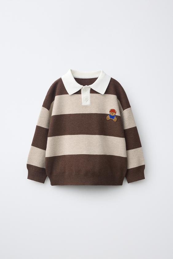 STRIPED KNIT BEAR PATCH POLO SHIRT - Ecru / Brown by Zara - Image 0