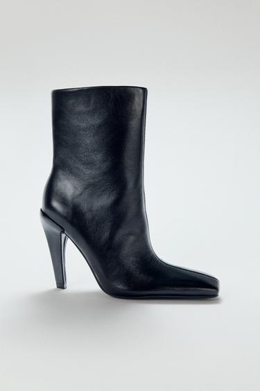 LEATHER HIGH-HEEL ANKLE BOOTS WITH SQUARE TOE - Black by Zara