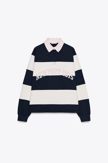 STRIPED POLO NECK SLOGAN SWEATSHIRT - Navy blue by Zara
