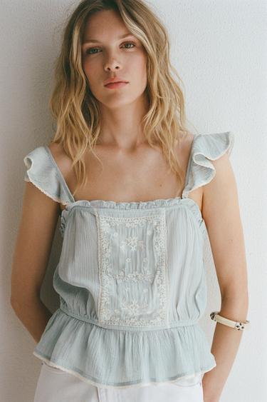 EMBROIDERED RUFFLE TOP - Blue by Zara