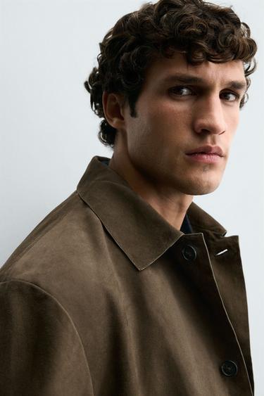 LEATHER SUEDE OVERSHIRT - Olive green by Zara