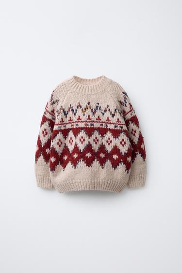 JACQUARD KNIT JUMPER - Ecru / Red by Zara