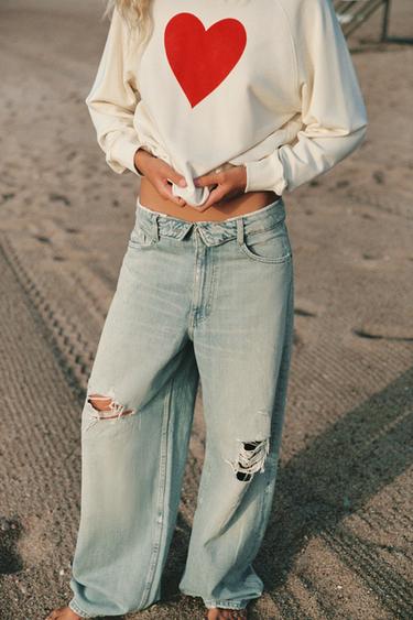 TRF MID-WAIST FOLDED WAISTBAND RIPPED JEANS - Light blue by Zara