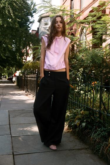 WIDE-LEG TROUSERS WITH TURN-UP HEMS - Black by Zara