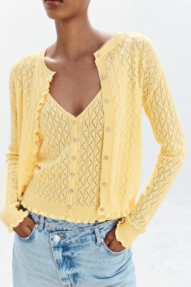 POINTELLE KNIT CARDIGAN WITH RUFFLES - Light yellow by Zara