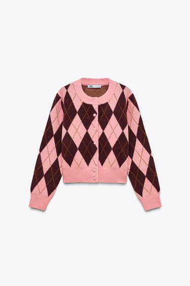 ARGYLE JACQUARD CARDIGAN - Pink by Zara