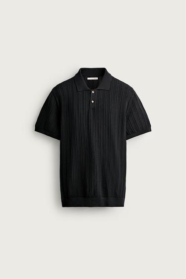 OPEN-KNIT TEXTURED POLO SHIRT - Black by Zara