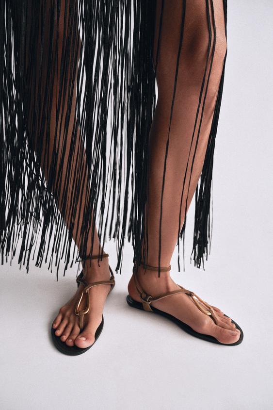 LEATHER SANDALS WITH METAL DETAIL - Beige by Zara - Image 0