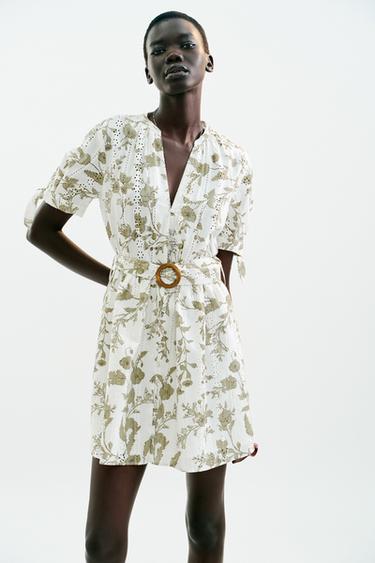PRINTED MINI DRESS WITH CUTWORK EMBROIDERY - ecru/khaki by Zara