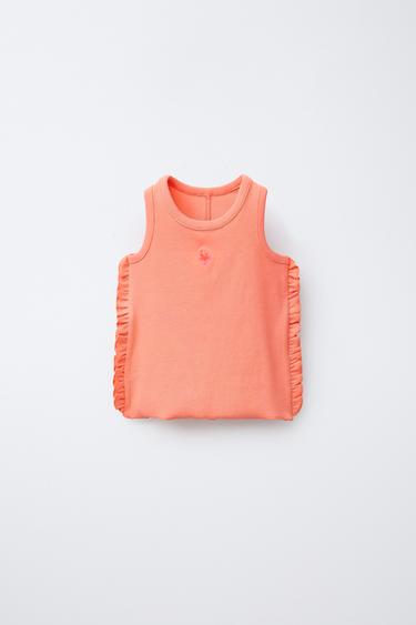 EMBROIDERED RIBBED RUFFLE T-SHIRT - Orange by Zara