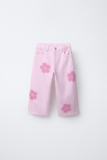 WIDE-LEG JEANS WITH FLOWERS - Pink by Zara