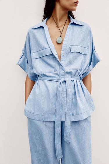 LINEN BLEND SAFARI SHIRT - Light blue by Zara
