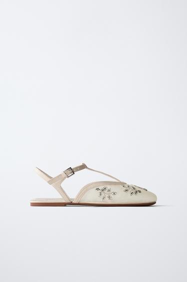 EMBROIDERED FANCY SLINGBACK BALLET FLATS - Ecru White by Zara
