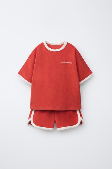 T-SHIRT AND BERMUDA SHORTS WITH TOWELLING TRIM SET - Red by Zara