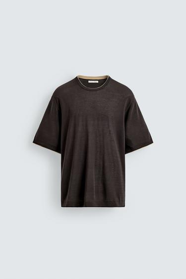 KNIT T-SHIRT WITH CONTRAST TRIMS - Brown by Zara
