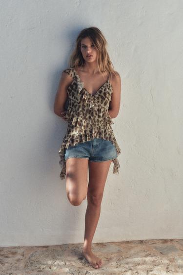 PRINTED TULLE TOP WITH RUFFLES - Leopard by Zara - Image 0