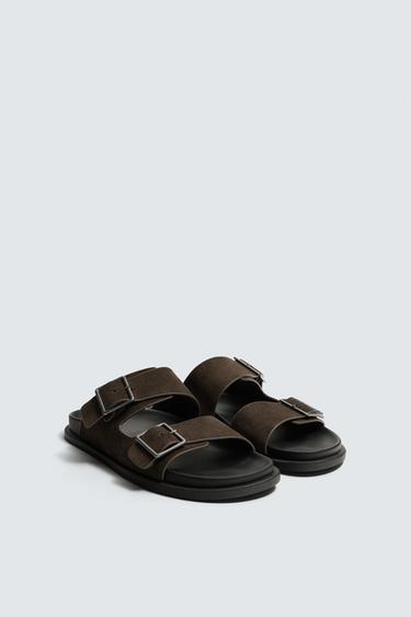 DOUBLE-STRAP LEATHER SANDALS - Brown by Zara