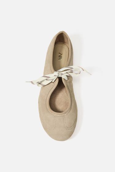 SPLIT SUEDE LACE-UP BALLERINAS - Sand Brown by Zara