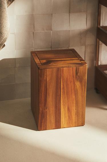 LARGE SQUARE WOODEN BATHROOM BIN - Light beige by Zara
