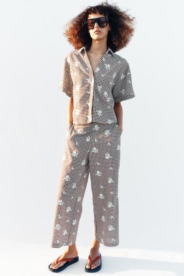 EMBROIDERED CHECK CULOTTES - Brown / Ecru by Zara