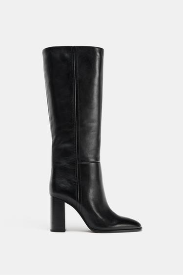 LEATHER HIGH-HEEL KNEE-HIGH BOOTS - Black by Zara