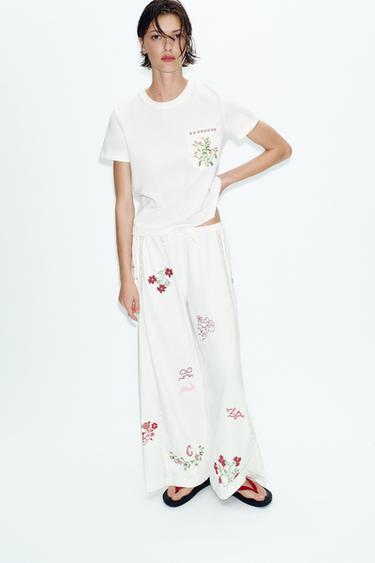 EMBROIDERED LONG TROUSERS - White by Zara