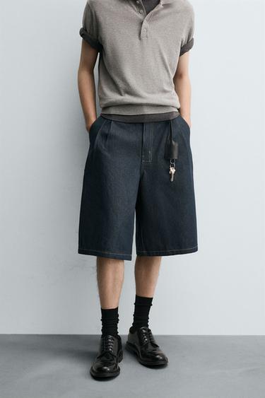 PLEATED RELAXED FIT DENIM BERMUDA SHORTS - Blue by Zara