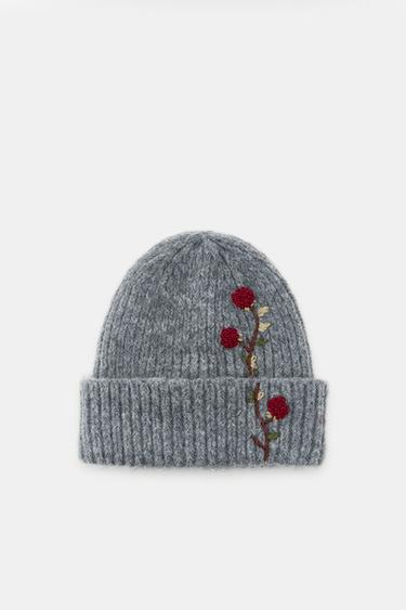 EMBROIDERED FLORAL KNIT BEANIE - Grey by Zara