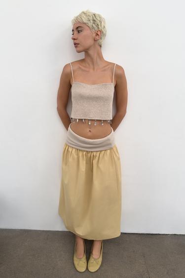 FRINGED CROP TOP WITH BUTTONS - Beige by Zara