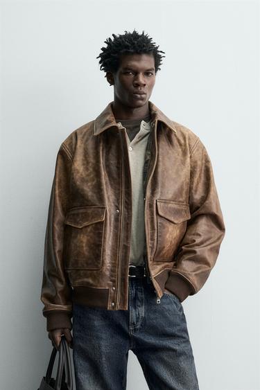 VINTAGE-EFFECT LEATHER JACKET - Tobacco by Zara