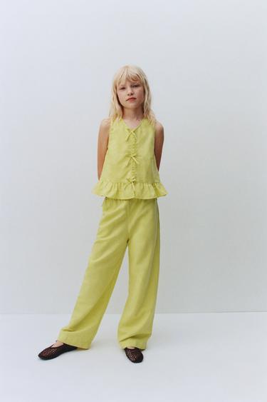 LINEN COTTON BOW TROUSERS - Lime by Zara