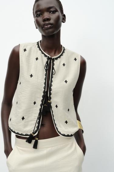 TASSEL EMBROIDERED GILET - Ecru by Zara