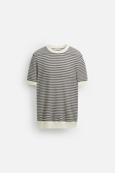 STRIPED OPENWORK KNIT T-SHIRT - White / Grey by Zara