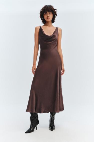 ZW COLLECTION LONG SATIN DRESS - Brown by Zara