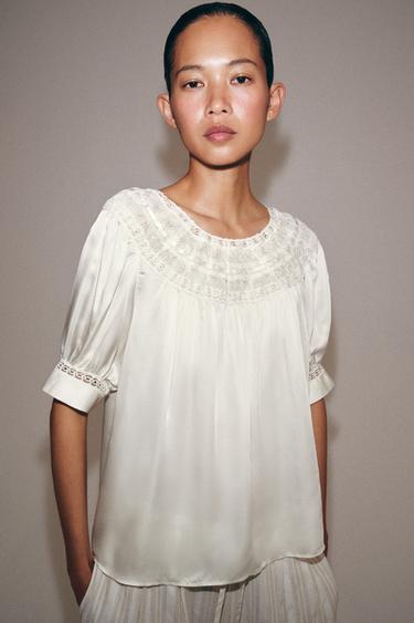 ZW COLLECTION LACE SHORT SLEEVE BLOUSE - White by Zara