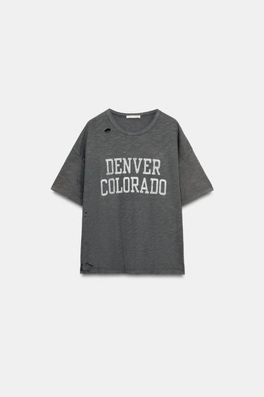 OVERSIZE RIPPED SLOGAN T-SHIRT - Charcoal by Zara