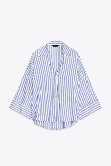 WIDE-SLEEVE LINEN BLEND SHIRT - Blue/White by Zara