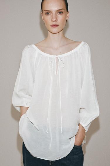 ZW COLLECTION LINEN BLEND BLOUSE - White by Zara