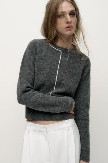 KNIT SWEATER WITH CONTRAST TRIMS - Grey marl by Zara