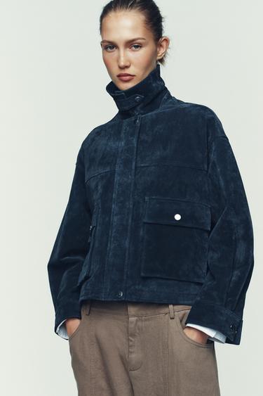 100% LEATHER BOMBER JACKET - Navy blue by Zara