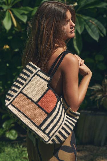 STRIPED JUTE BAG - camel by Zara - Image 0