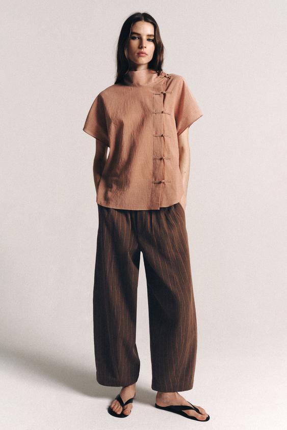 ZW COLLECTION STRIPED LINEN BLEND TROUSERS - Brown by Zara - Image 0