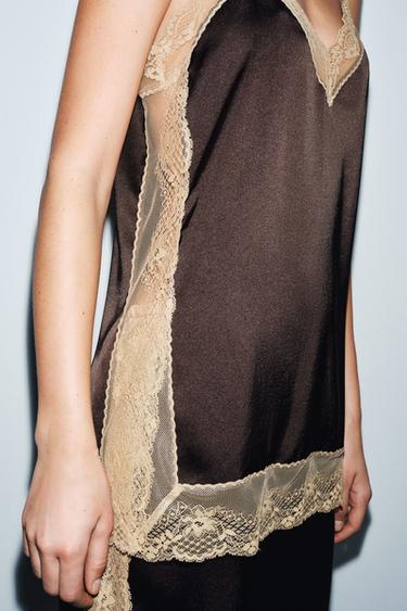 ZW COLLECTION SATIN TOP WITH LACE TRIM - Brown by Zara