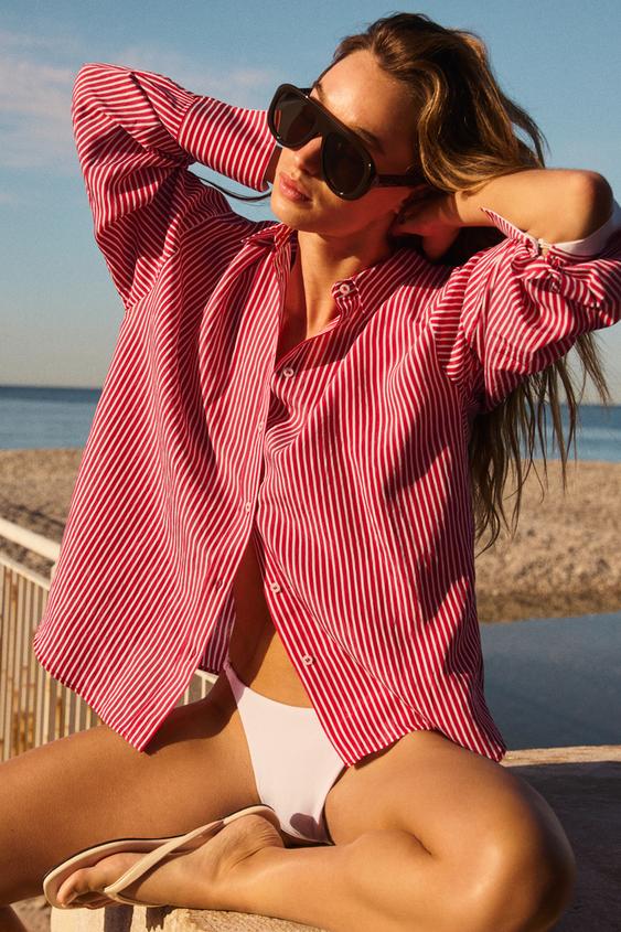 STRIPED SHIRT WITH CONTRAST CUFFS - Red / White by Zara - Image 0
