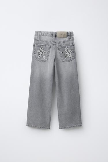 WIDE-LEG JEANS WITH ANIMAL PRINT STAR PATCHES - Stone by Zara