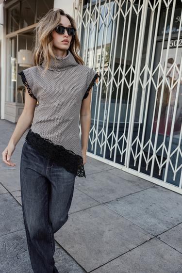 HOUNDSTOOTH LACE TOP - Ecru / Blue by Zara