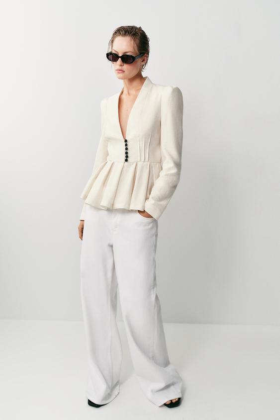 FITTED BLAZER WITH SHOULDER PADS - Light beige by Zara - Image 0