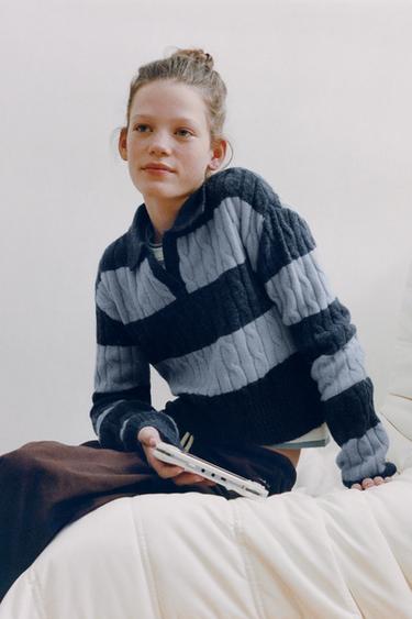 CABLE-KNIT STRIPED POLO JUMPER - striped by Zara
