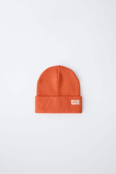 RIBBED KNIT BEANIE WITH LABEL - Orange by Zara