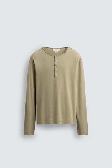 COTTON - LINEN HENLEY T-SHIRT - Dark beige by Zara